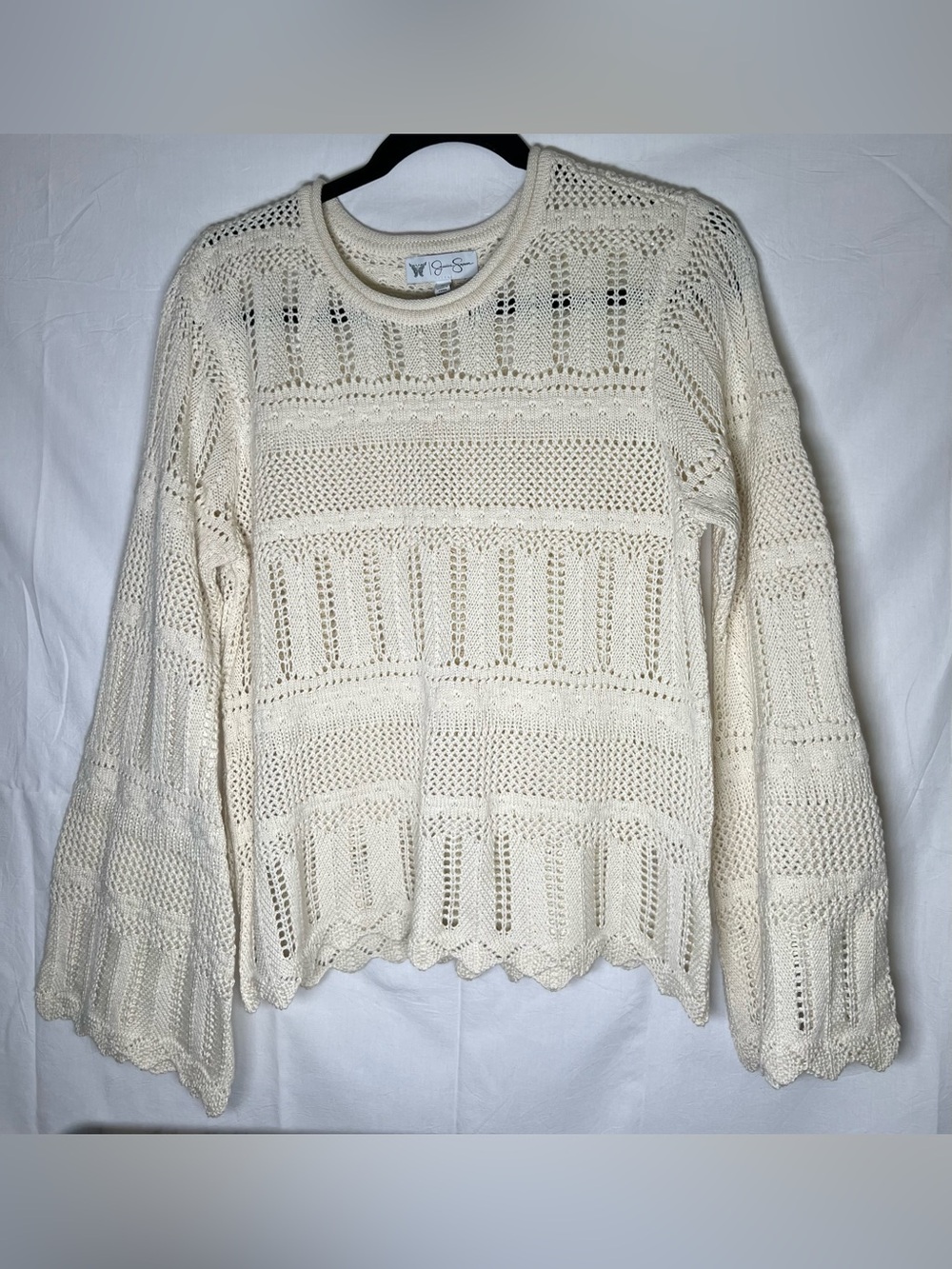 Jessica Simpson Cream Open-Knit Scalloped-Hem Sweater
